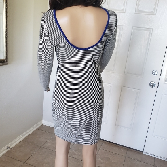 Everly L shift dress striped low scoop back slip on blue piping - Picture 5 of 8